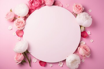 Women's Day concept. Top view photo of white empty circle flowers pink peony roses and sprinkles on isolated pastel pink background with empty space, Generative AI 