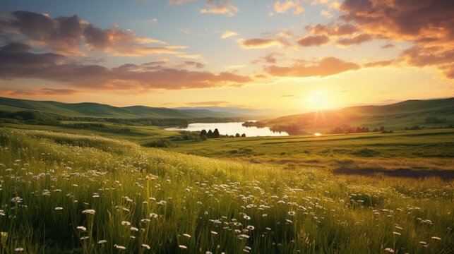 an image of a vast grassland bathed in golden sunlight with scattered wildflowers