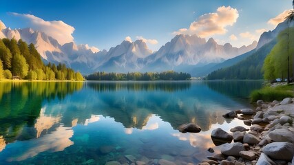 Fototapeta na wymiar a vibrant summertime scene of Fusine Lake. Beautiful early-morning view of the Julian Alps in the Province of Udine, Italy, with the Mangart peak in the distance. Background of the traveling notionf
