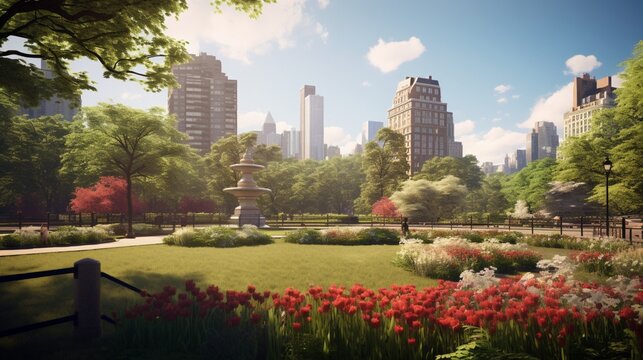an image showcasing the elegant harmony of a city park seamlessly blending into the urban landscape