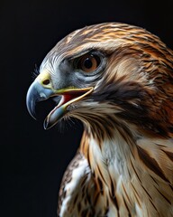 Naklejka premium Portrait macro of Red-tailed Hawk isolated on black AI Generative