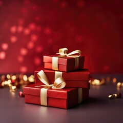 Obraz premium Red boxes with golden ribbon on red garland background. Women`s day, Valentine`s day concept, close-up, space for text