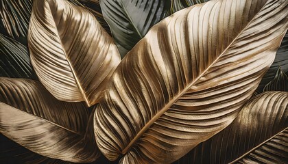close up of golden leave, abstract golden leaves, a textured tropical leaf background