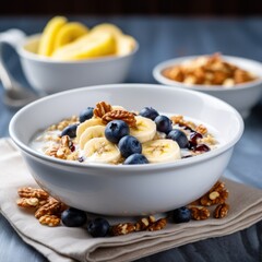 Oat porridge with blueberries, banana slices and walnuts, healthy breakfast, close-up