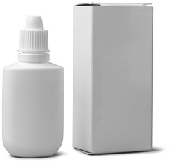 blank nasal spray bottle with its cardboard box, plastic bottle with medication squeezing droplets to treat allergies, congestion or sinusitis, mockup template isolated on white background