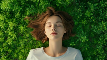 Relaxed woman laying down on green background. Top view portrait of young woman enjoy her freedom with nature, Natural alternative therapy