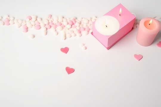 St Valentine's Day concept. Top view photo of pink present box heart shaped marshmallow candles inscription love and sprinkles on isolated white background with empty, Generative AI 