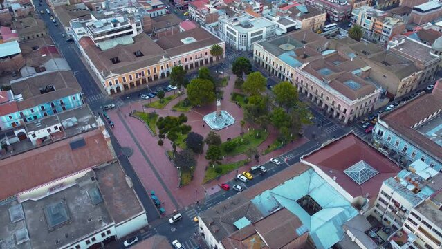View of the city park in Riobamba in Ecuador, South America with mountains in the background. City in Ecuador. Riobamba capital of the Chimborazo Province.