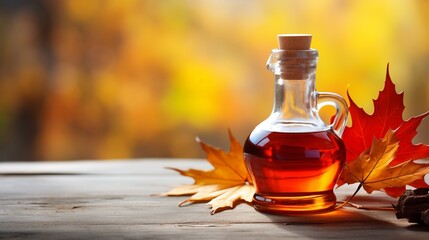 Delight in the exquisite beauty of maple syrup, elegantly packaged in a glass bottle, ready for a delectable indulgence and enjoyment. - obrazy, fototapety, plakaty