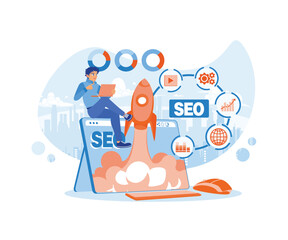 Man using a laptop with SEO rocket hologram and SEO icons on the laptop screen. Startups and digital marketing. SEO concept. Flat vector illustration.