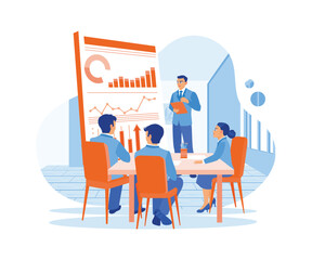 Skilled leader in glasses coaching business people. Employees listen to the leader's explanation during the presentation. Briefings concept. Trend Modern vector flat illustration