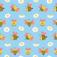 Cute bee characters and daisies seamless pattern. Funny cartoon honeybees with pink wings and chamomiles on pastel blue background. Ideal for printing on fabric and paper.