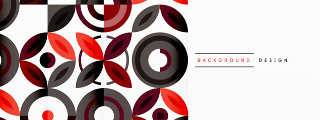 Abstract background - minimalist circles and round elements composition with varying sizes circles and other geometric shapes. The elements are arranged symmetrically in a grid-like pattern