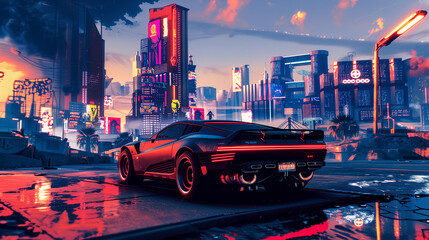 Futuristic Cityscape at Twilight With Neon Signage and a Sports Car in the Foreground. Futuristic...