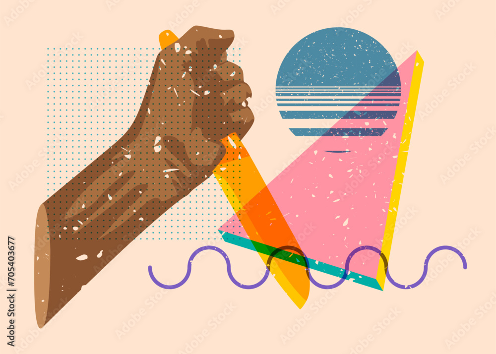 Poster risograph kitchen knife in hand with geometric shapes. scary murderer object in trendy riso graph pr