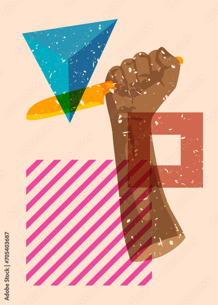 Poster risograph kitchen knife in hand with geometric shapes. scary murderer object in trendy riso graph pr