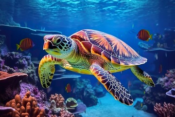 Obraz na płótnie Canvas sea turtle swimming in the underwater sea , small nemo fish , colorfull coral 