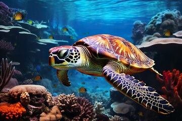 Obraz premium sea turtle swimming in the underwater sea , small nemo fish , colorfull coral 