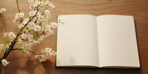 An open blank book lies next to a blooming cherry blossom branch on a warm wooden surface.