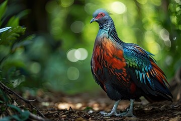 Fototapeta premium Nicobar Pigeon standing on the forest AI Generative