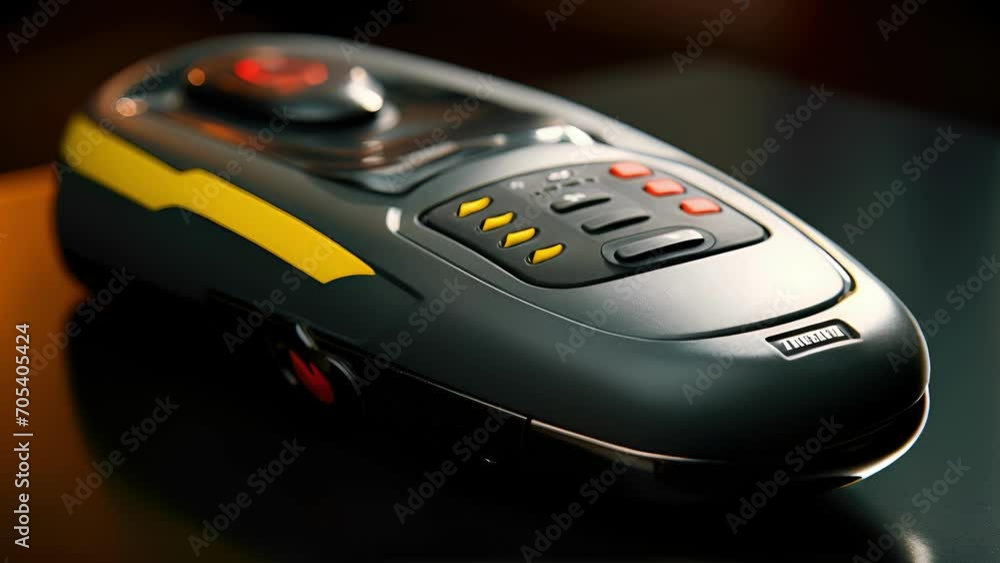Poster a detailed view of the remote control used to operate an autonomous vehicle, showcasing the convenie
