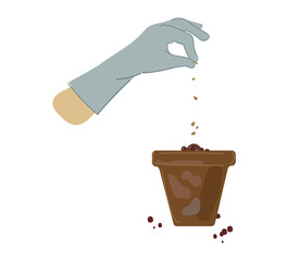 Hand in garden gloves hand sows the seeds. Home gardening. Set vector illustrations in flat cartoon doodle style.
