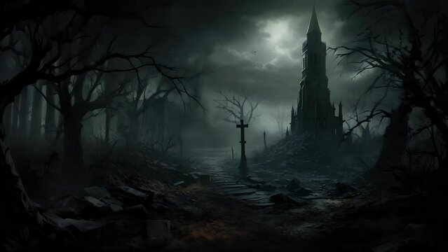 Dark shapes move ominously between the trees the rustling of dry leaves the only sign of life. A lone twisted tower rises from within the thick fog its walls petrified and unremarkable