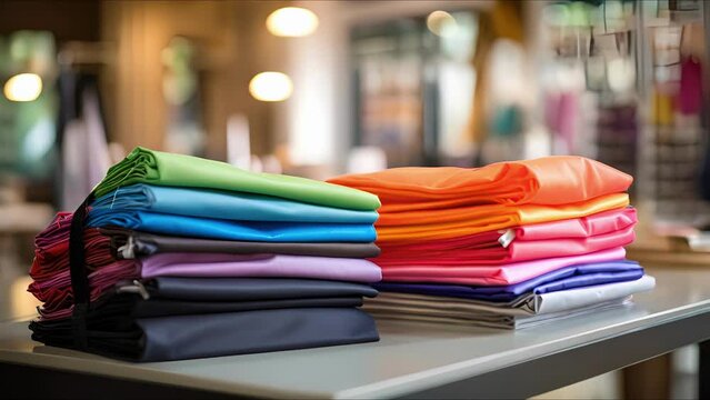 Closeup of a stack of folded reusable shopping bags next to a cash register.