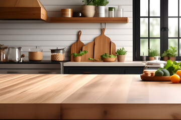 Blurry wooden board empty table background to match kitchen background - images that create a cozy and natural atmosphere generative ai