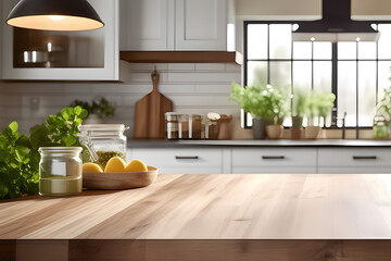 Blurry wooden board empty table background to match kitchen background - images that create a cozy and natural atmosphere generative ai