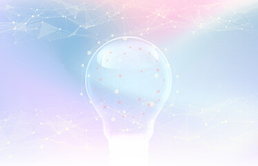 Brainstorming, planning creative concepts light bulb with futuristic technology network on gradient pastel background