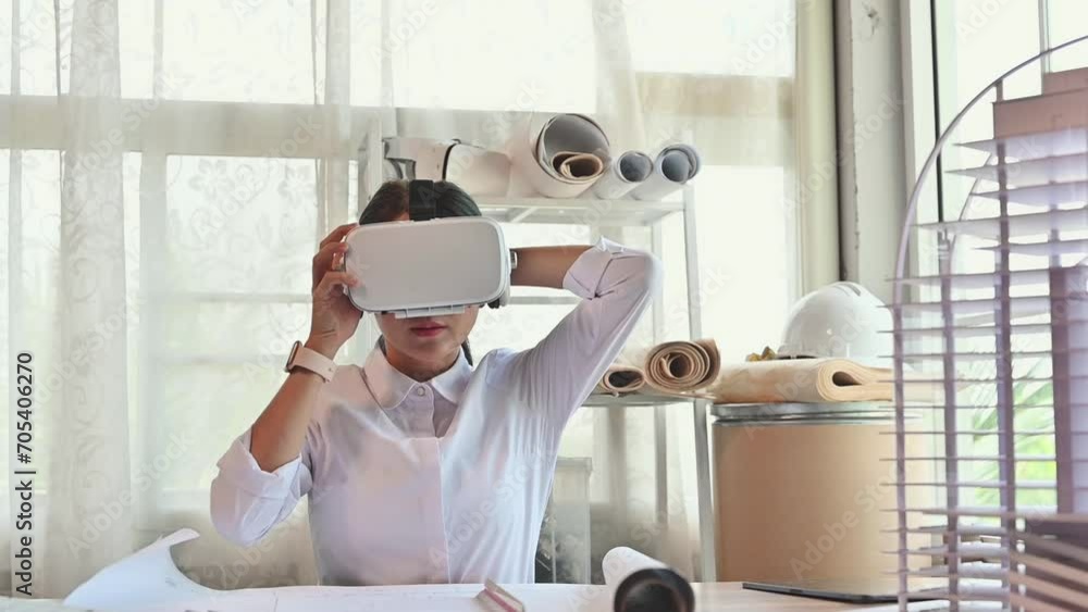 Fototapete architect young woman working with virtual reality technology modeling software applications in the 