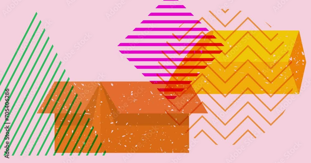 Poster risograph cardboard box with geometric shapes animation. moving object in trendy riso graph design v