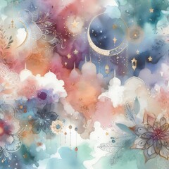 Watercolor seamless pattern with clouds, stars, moon and flowers. Ramadan kareem, eid mubarak, muslim and eid fitr concept.