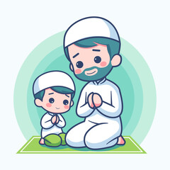 Cute Muslim illustration of father and son praying, with flat vector concept