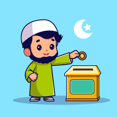 Illustration of cute muslim and charity box, with flat vector concept