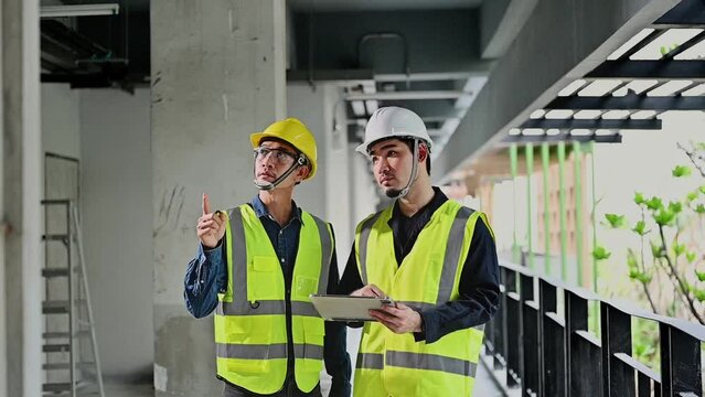 Construction Engineer team uses tablets to check details of work and record data while inspecting construction work, Inspecting progress of work for planning and management.