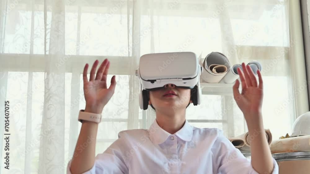 Fototapete architect young woman working with virtual reality technology modeling software applications in the 