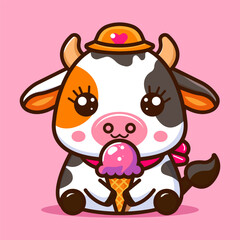 Illustration of a cute cow holding ice cream  with a flat vector concept