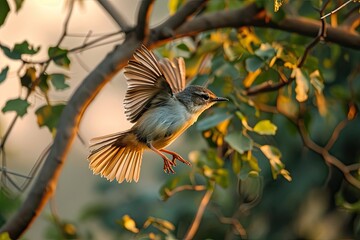 Bar-winged Prinia flying on the forest AI Generative