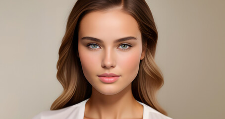 Naklejka premium Pretty girl face. Beautiful brunette woman, portrait close up. Face of sensual woman with blue eyes. Beauty face. Fashion Beauty faces. Model girl with curly hairstyle. Woman face close up.