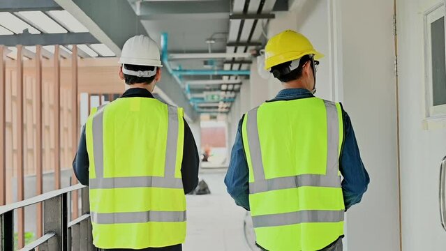 Construction Engineer walking into the building to check details of work, Inspecting progress of work for planning and management.