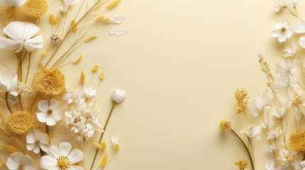 Fototapeta na wymiar A serene floral composition of white flowers and golden botanical elements on a soft yellow background, exuding a calm, elegant vibe.