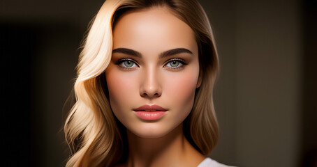 Fototapeta premium Female face. Beautiful brunette woman, portrait close up. Face of sensual woman with blue eyes. Beauty face. Fashion Beauty faces. Model girl with curly hairstyle. Woman face close up.