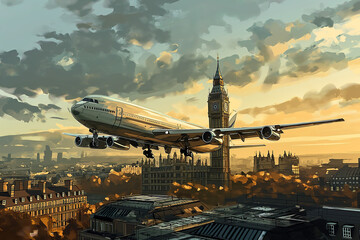 Airplane above Big Ben in London UK, cartoon illustration, travel Europe, scenic, relocation - obrazy, fototapety, plakaty