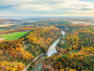 Aerial view of Letchworth State Park Middle Falls at Autumn
