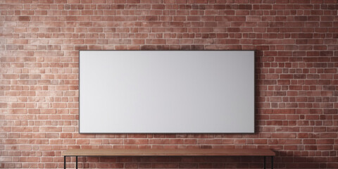 An empty white canvas mounted on a red brick wall above a wooden bench, ready for art or...