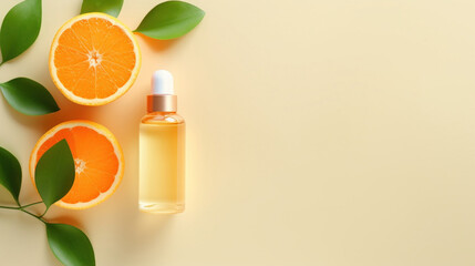 A bright and refreshing display of a Vitamin C serum bottle alongside fresh orange slices and green leaves.