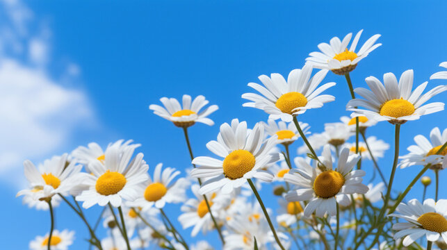 A beautiful field of white daisies blooms under a bright blue sky, creating a picturesque summer landscape.