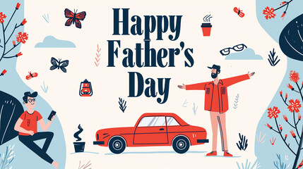 happy fathers day background, illustration drawing, red car, dad with open arms, son with mobile phone, nature, plants, flowers, butterfly, coffee, love, family, card banner, light cream backdrop - obrazy, fototapety, plakaty